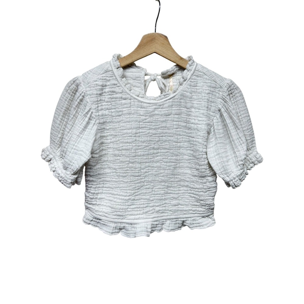 Free People Women Top Sz M White Smocked Puff Sleeve Cottage Coquette Ruffle